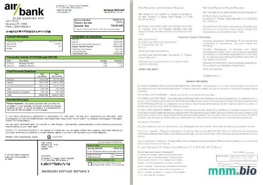 Czechy Bank Air wyciąg z kredytu hipotecznego, 2 strony, 1-2